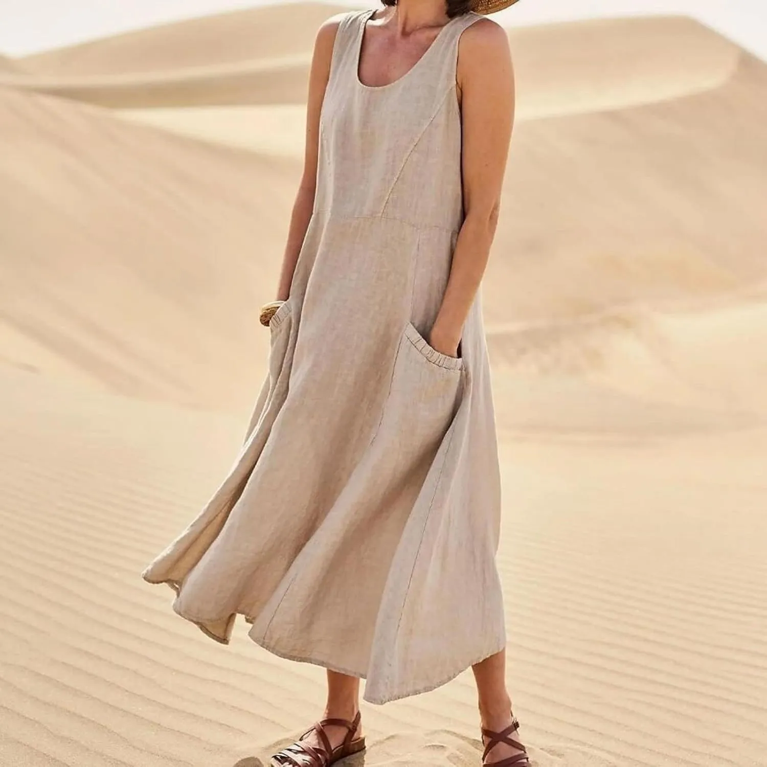 Women's Summer Cotton Linen Sleeveless Tank Long Dress Elegant Flowy Dresses Baggy Loose Solid Flowy Dresses Pockets