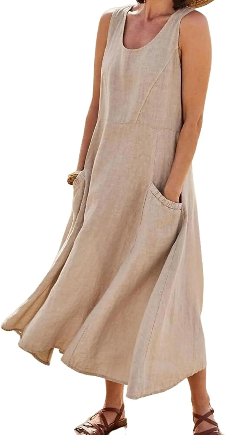 Women's Summer Cotton Linen Sleeveless Tank Long Dress Elegant Flowy Dresses Baggy Loose Solid Flowy Dresses Pockets
