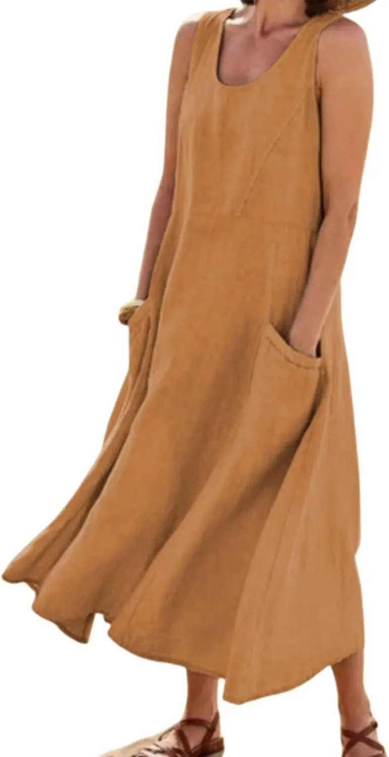 Women's Summer Cotton Linen Sleeveless Tank Long Dress Elegant Flowy Dresses Baggy Loose Solid Flowy Dresses Pockets