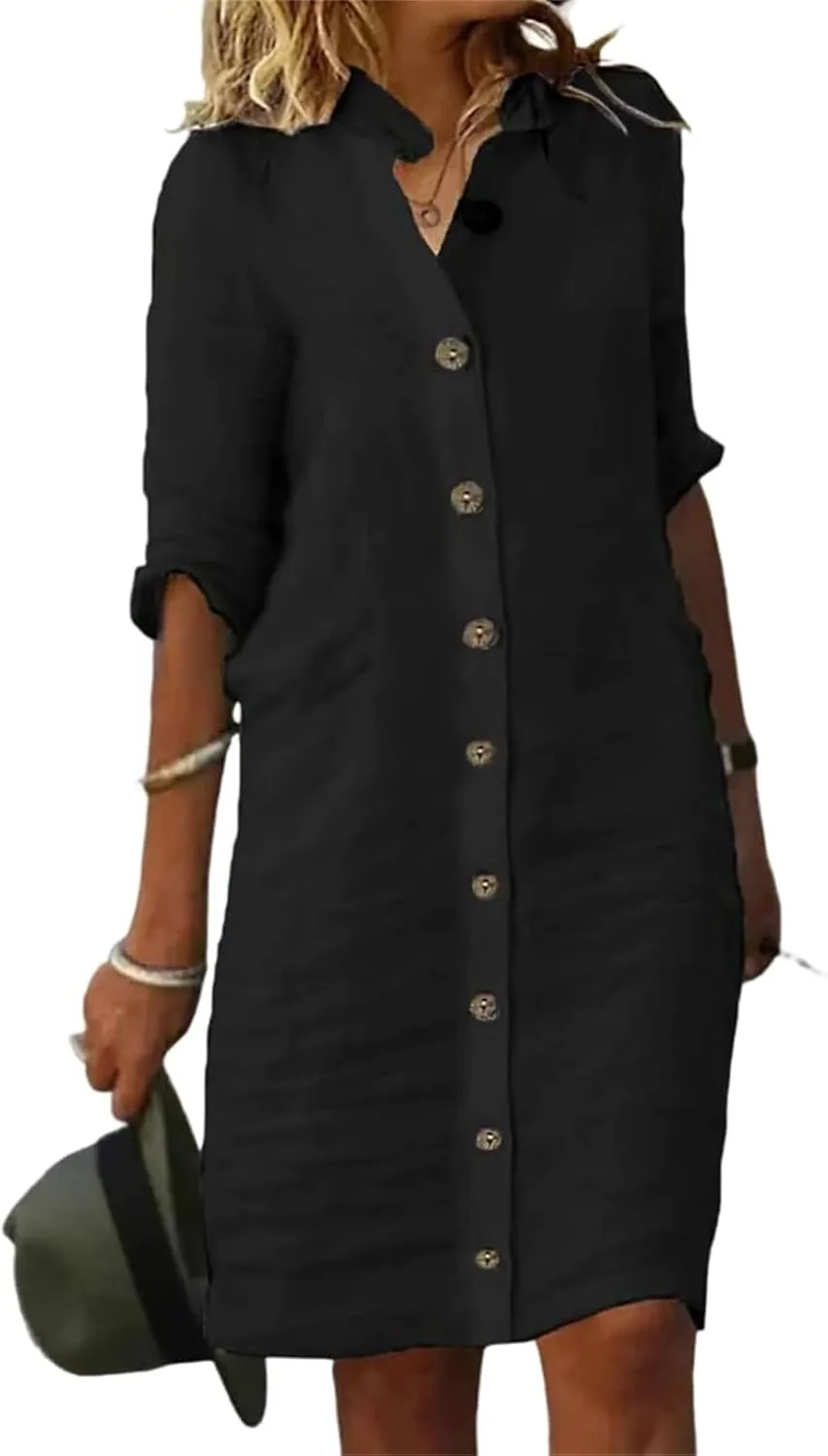 Women's Summer Midi Shirt Dresses Cotton Linen Dress Button Down 1/2 Sleeve Lapel Dresses Casual Beach Vacation Dress