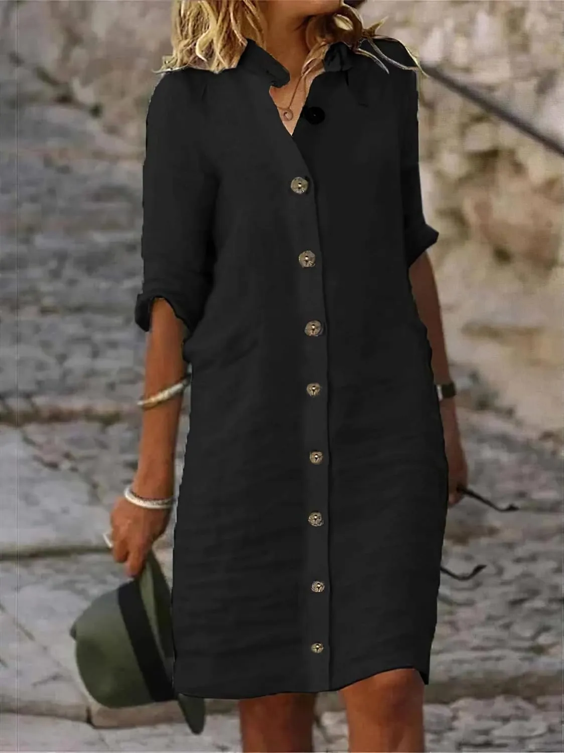 Women's Summer Midi Shirt Dresses Cotton Linen Dress Button Down 1/2 Sleeve Lapel Dresses Casual Beach Vacation Dress