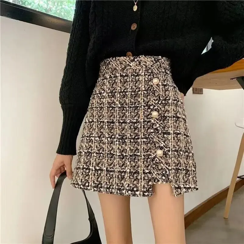 Women's Tartan Fashion Designer Tweed Wool Mini Skirts (Short)