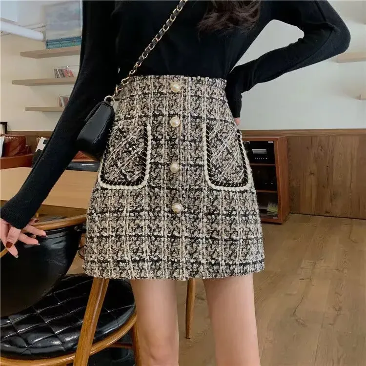 Women's Tartan Fashion Designer Tweed Wool Mini Skirts (Short)