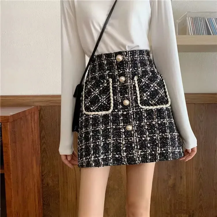 Women's Tartan Fashion Designer Tweed Wool Mini Skirts (Short)