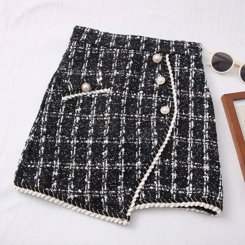 Women's Tartan Fashion Designer Tweed Wool Mini Skirts (Short)