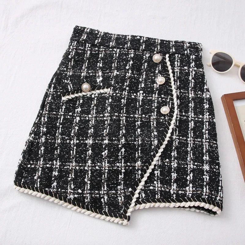 Women's Tartan Fashion Designer Tweed Wool Mini Skirts (Short)