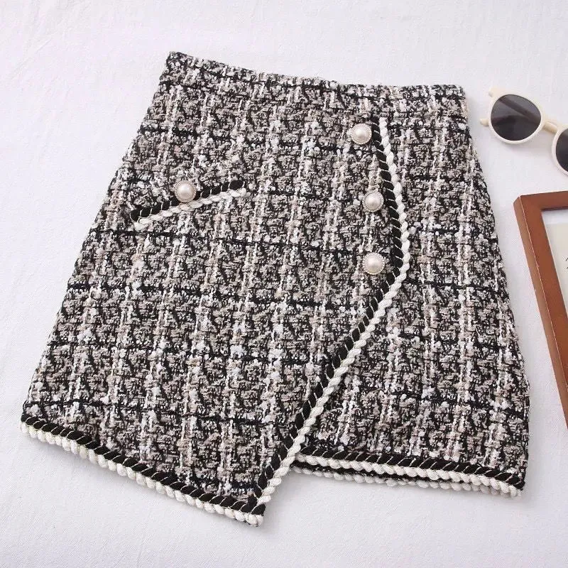 Women's Tartan Fashion Designer Tweed Wool Mini Skirts (Short)