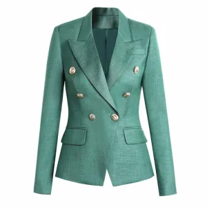 Women's Teal Green Textured Luxury Fitted Double Breasted Blazer with Lion Buttons - SLIM FIT