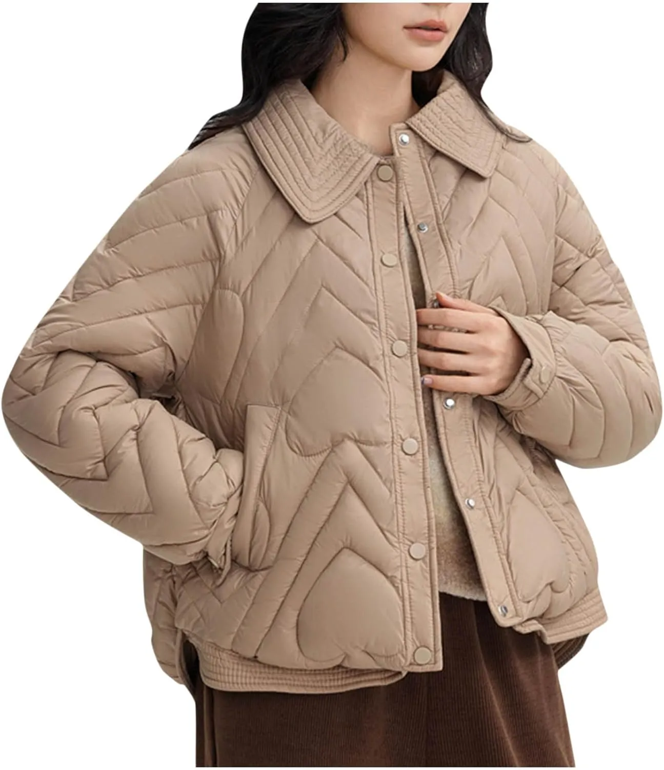 Womens Winter Jacket, Short Puffer Jackets Warm Down Outerwear Casual Long Sleeve Solid Buttom Overcoats