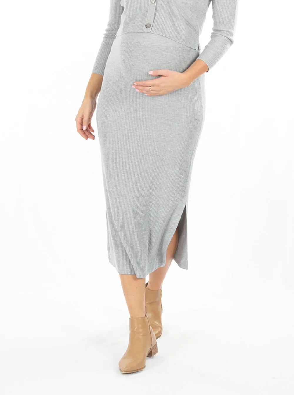 Wool Blend Maternity Midi Skirt with side split in Grey