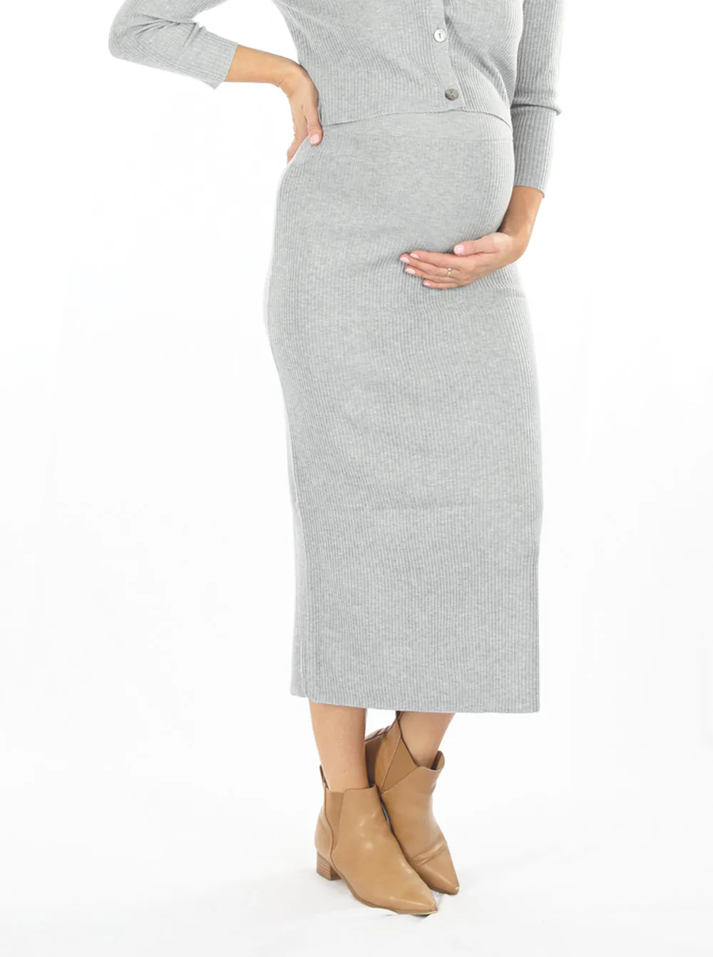 Wool Blend Maternity Midi Skirt with side split in Grey