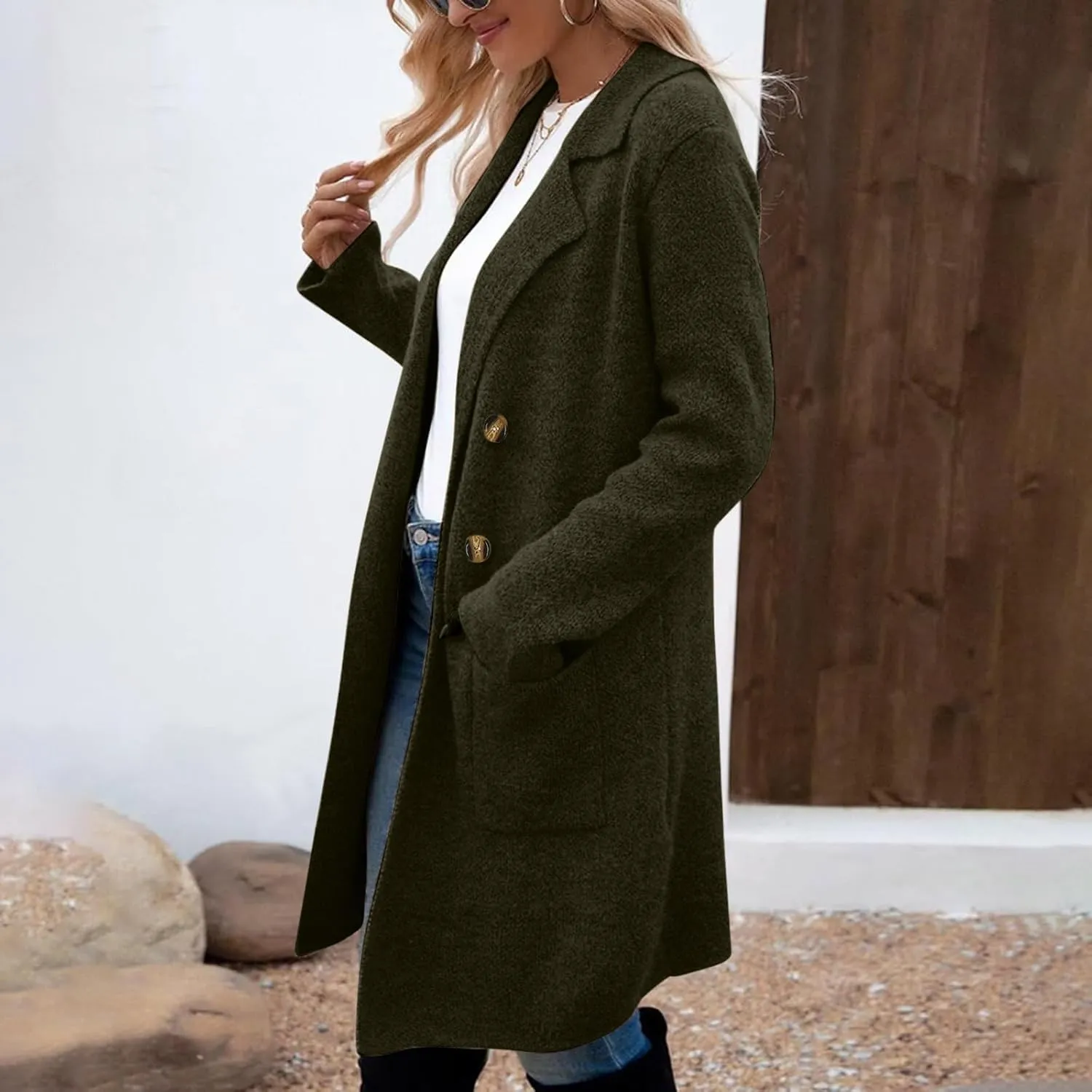 Wool Coats for Women Long Sleeve Oversized Winter Jackets Notch Double-Breasted Lapel Peacoats with Pockets