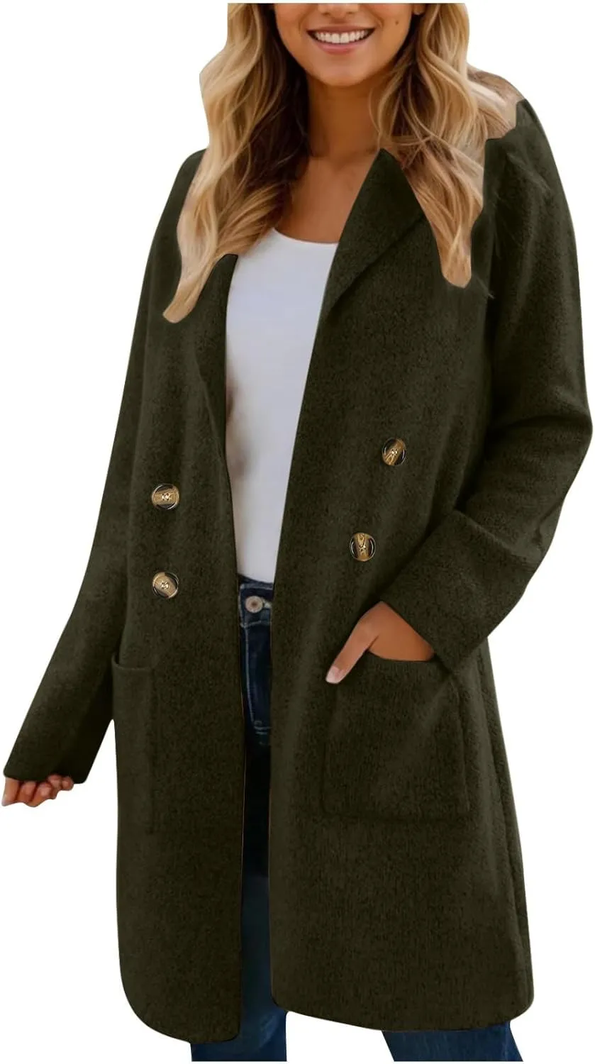 Wool Coats for Women Long Sleeve Oversized Winter Jackets Notch Double-Breasted Lapel Peacoats with Pockets