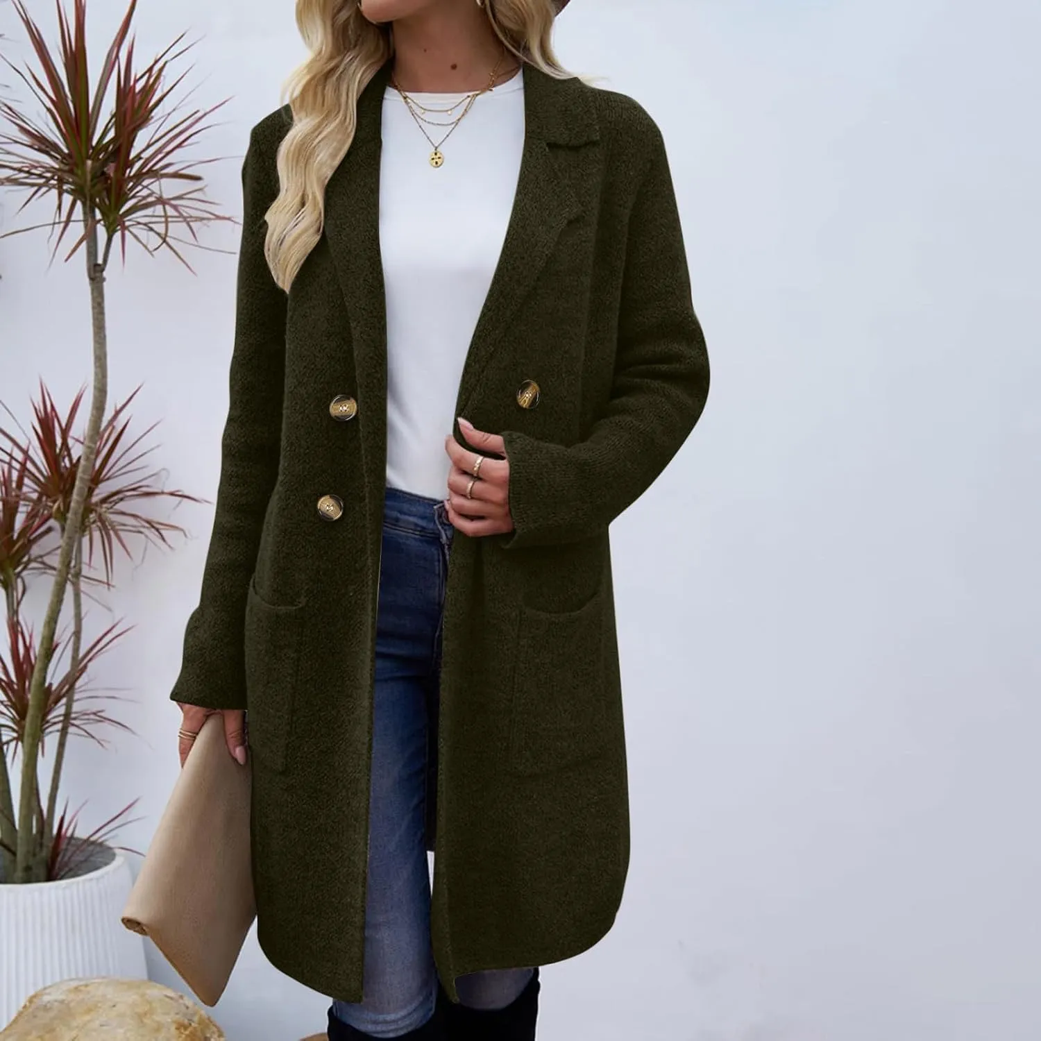 Wool Coats for Women Long Sleeve Oversized Winter Jackets Notch Double-Breasted Lapel Peacoats with Pockets