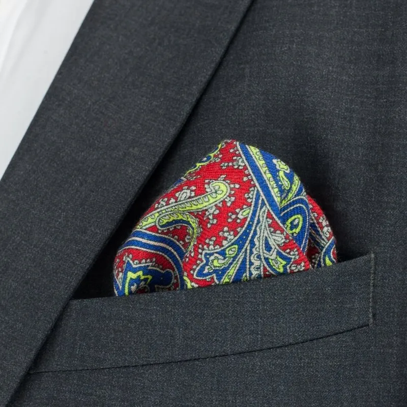Wool Paisley Pocket Square, Red