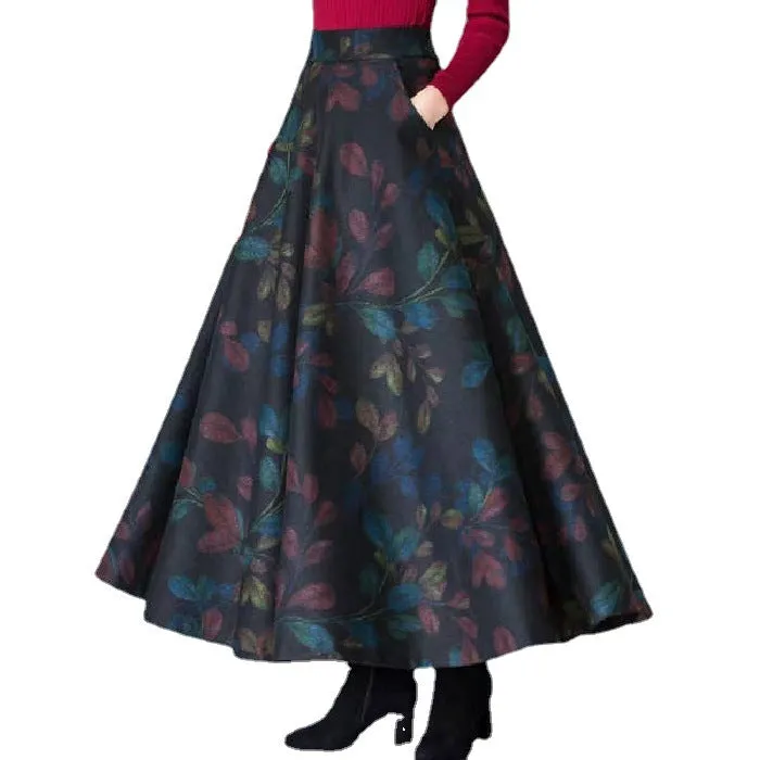 Wool Skirt Women High Waist Drape Slim Look A-Line Flare Skirt