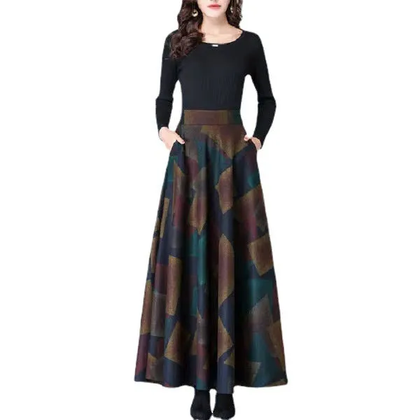 Wool Skirt Women High Waist Drape Slim Look A-Line Flare Skirt