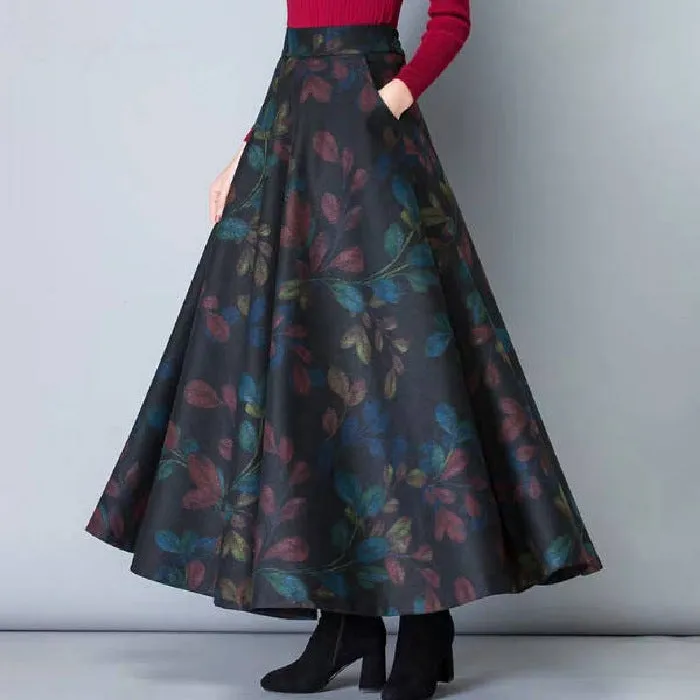 Wool Skirt Women High Waist Drape Slim Look A-Line Flare Skirt