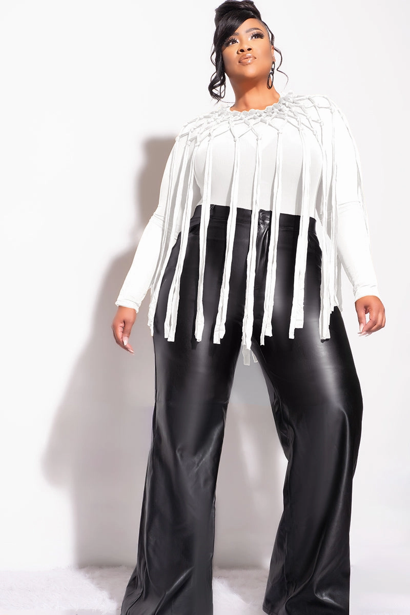 Eco Friendly Fabric Final Sale Plus Size Sheer Mesh Crochet Fringe 2pc Bodysuit with Overlay in Off White