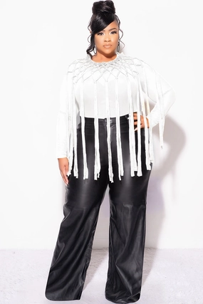 Final Sale Plus Size Sheer Mesh Crochet Fringe 2pc Bodysuit with Overlay in Off White Dynamic Flex Panels Lightweight Feel