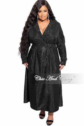 TemperatureRegulation Anti Bacterial Treatment Final Sale Plus Size Metallic Collar Dress / Trench Coat with Belt in Black
