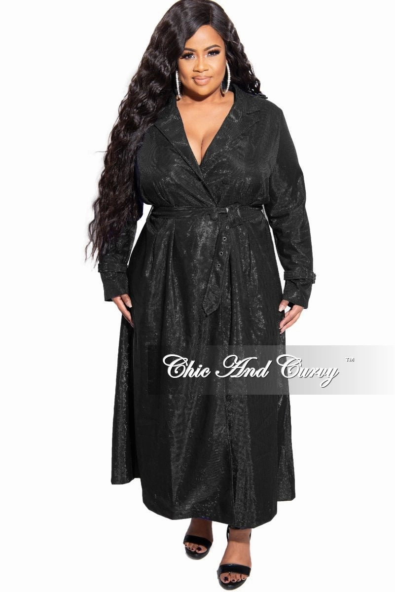 TemperatureRegulation Anti Bacterial Treatment Final Sale Plus Size Metallic Collar Dress / Trench Coat with Belt in Black