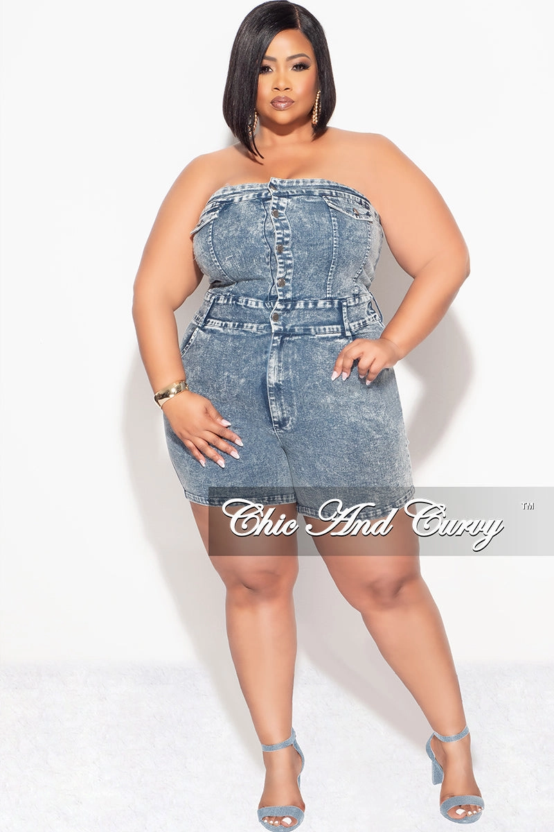 Final Sale Plus Size Strapless Button Up Romper in Denim Acid Wash Body Fit