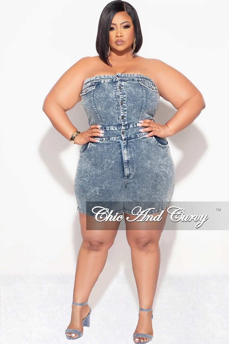 Water Resistant Finish Easy Travel Final Sale Plus Size Strapless Button Up Romper in Denim Acid Wash