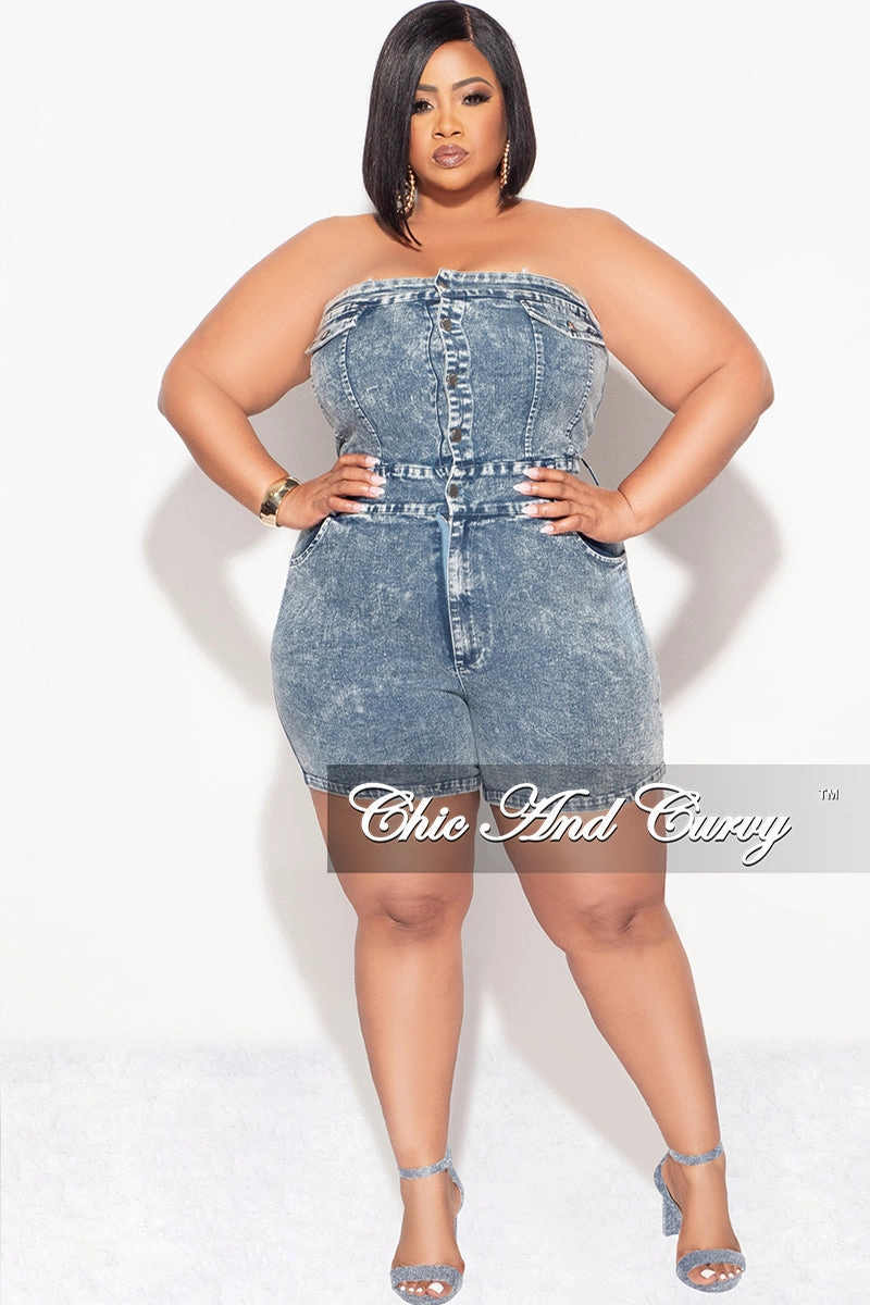 Final Sale Plus Size Strapless Button Up Romper in Denim Acid Wash Anti Friction Lining High Waist Stretch