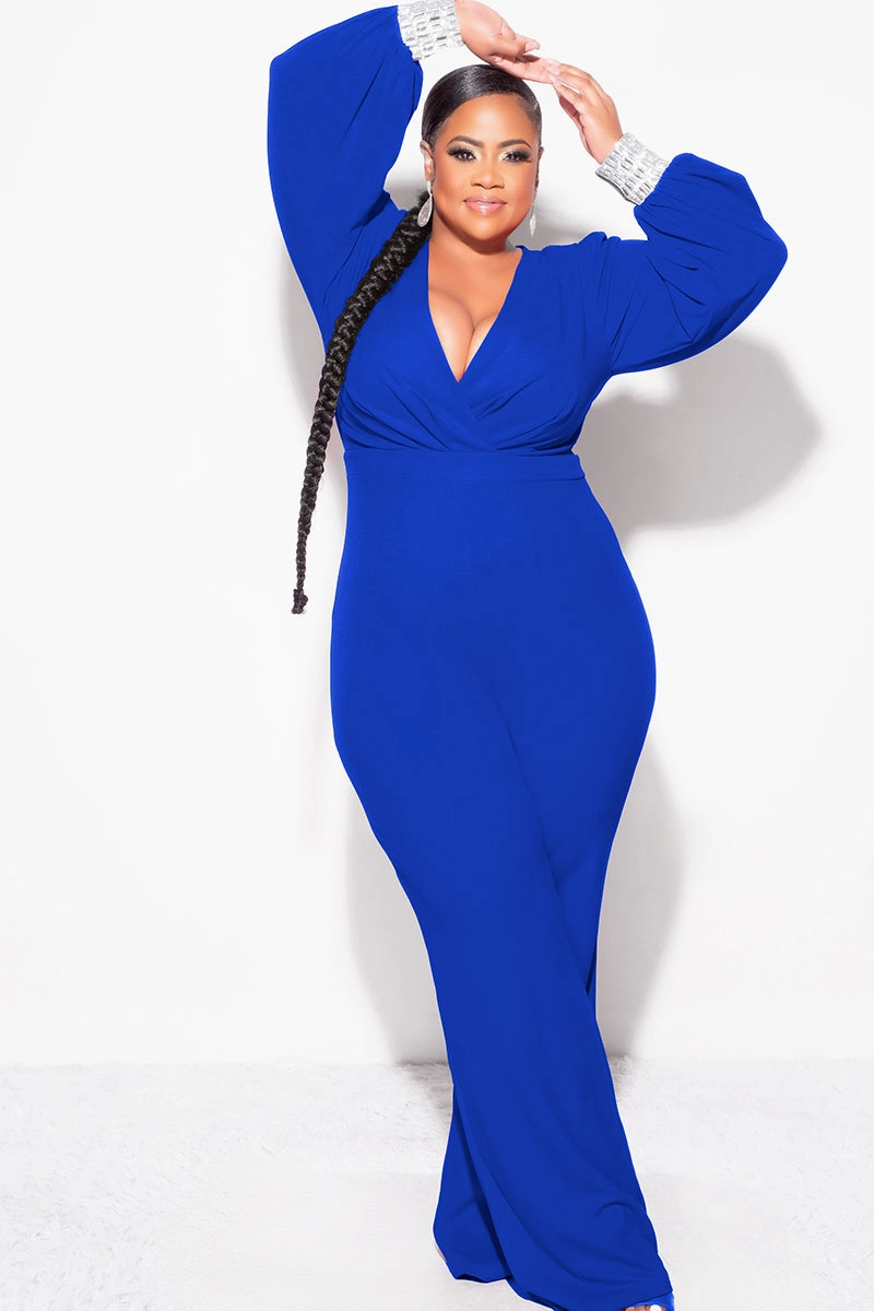 Fashionable Cut Final Sale Plus Size Faux Wrap Collar Jumpsuit with Sheer Sleeves and Rhinestone Cuffs in Royal Blue