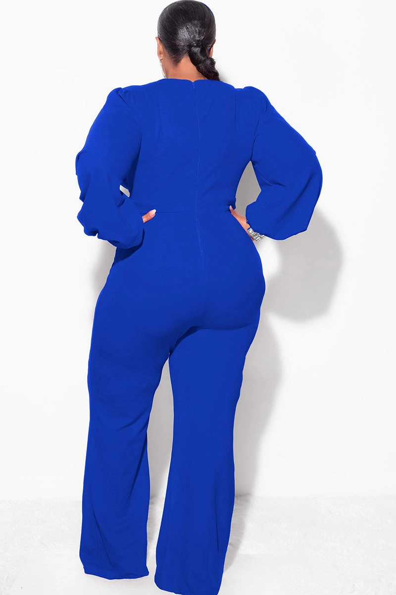 Final Sale Plus Size Faux Wrap Collar Jumpsuit with Sheer Sleeves and Rhinestone Cuffs in Royal Blue Stretchable Fit