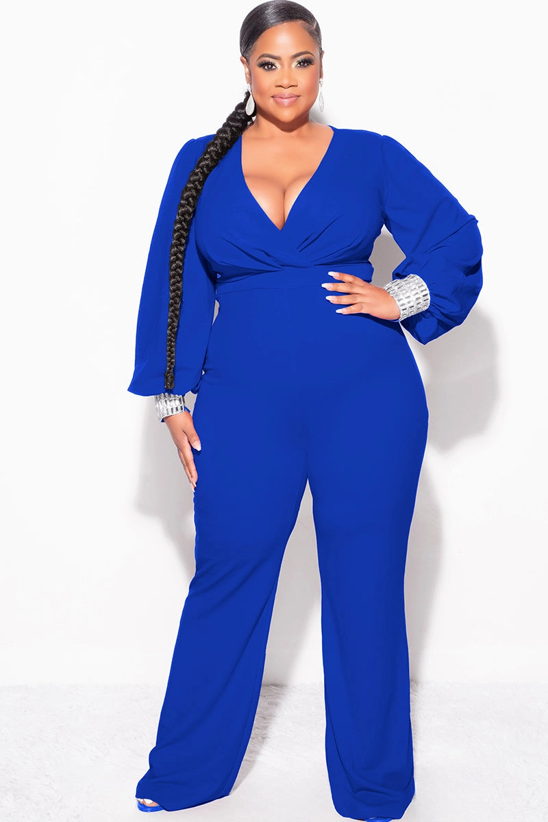 Core Essential Reflective Trim Options Final Sale Plus Size Faux Wrap Collar Jumpsuit with Sheer Sleeves and Rhinestone Cuffs in Royal Blue