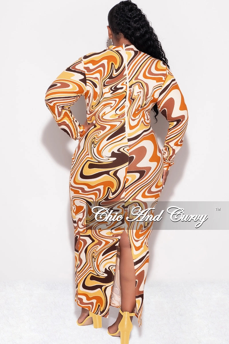 Final Sale Plus Size Reversible BodyCon Midi Dress in Mustard Multi Color Swirl Print Relaxed Wear