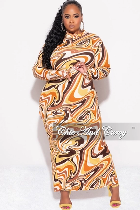 Quick Motion Core Utility Final Sale Plus Size Reversible BodyCon Midi Dress in Mustard Multi Color Swirl Print