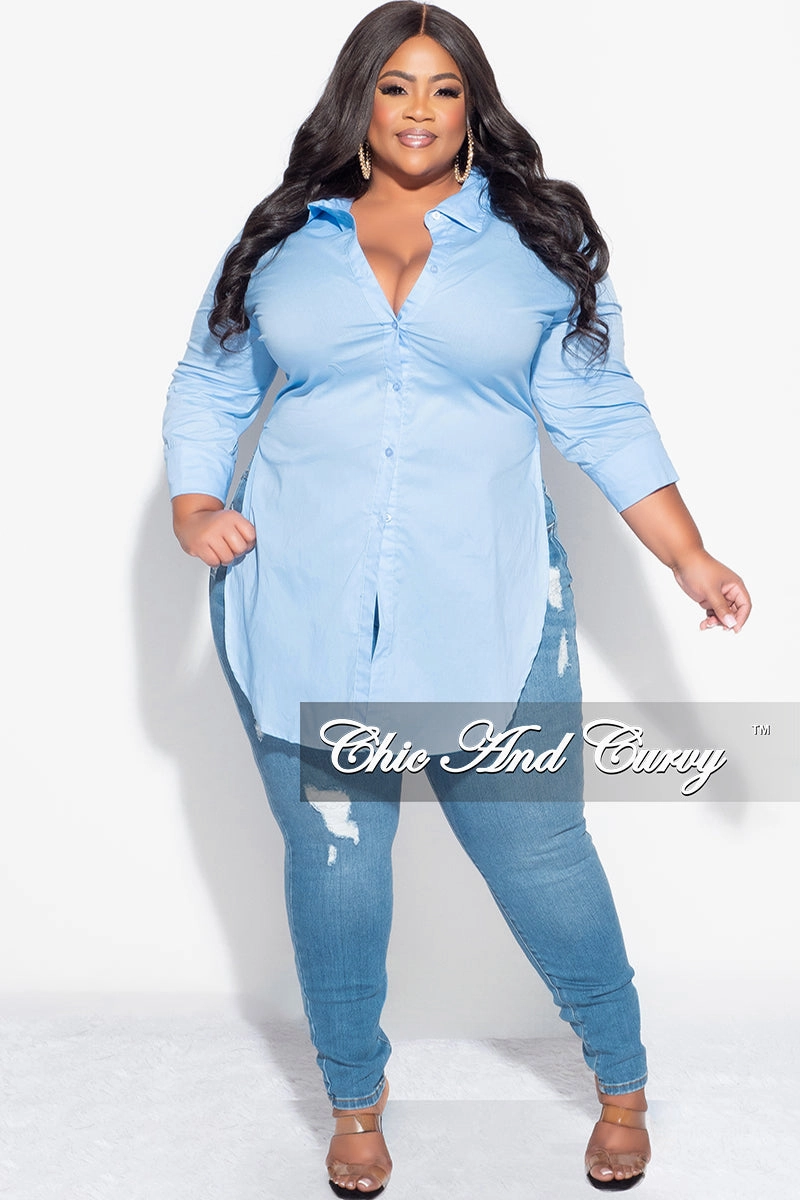 Dynamic Motion Final Sale Size Long Sleeve High-Low Button Up Collar Top in Powder Blue