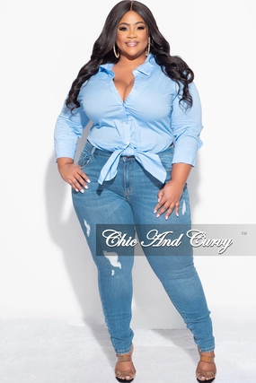 Effortless Comfort Flex Wear Final Sale Size Long Sleeve High-Low Button Up Collar Top in Powder Blue