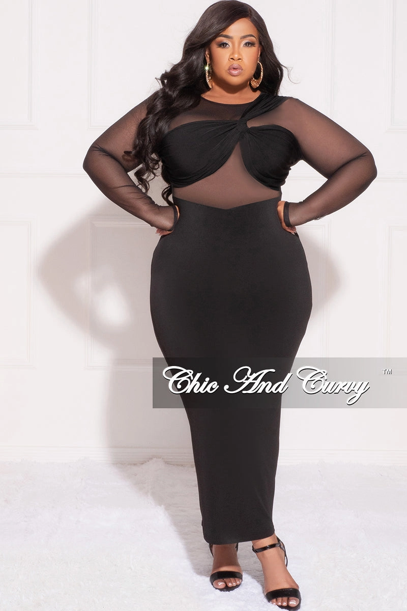 Smart Fit Final Sale Plus Size Mesh One Shoulder Twist Front Bra Top and Cutout Front BodyCon Dress in Black