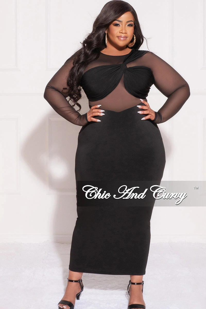 Thermal Regulating Final Sale Plus Size Mesh One Shoulder Twist Front Bra Top and Cutout Front BodyCon Dress in Black