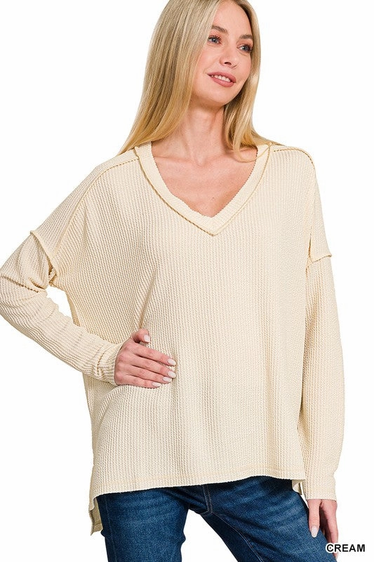Carly Corded Rib Long Sleeve Hi-low V Neck Top S-XL Durable Hem Stitching BreathableFabric