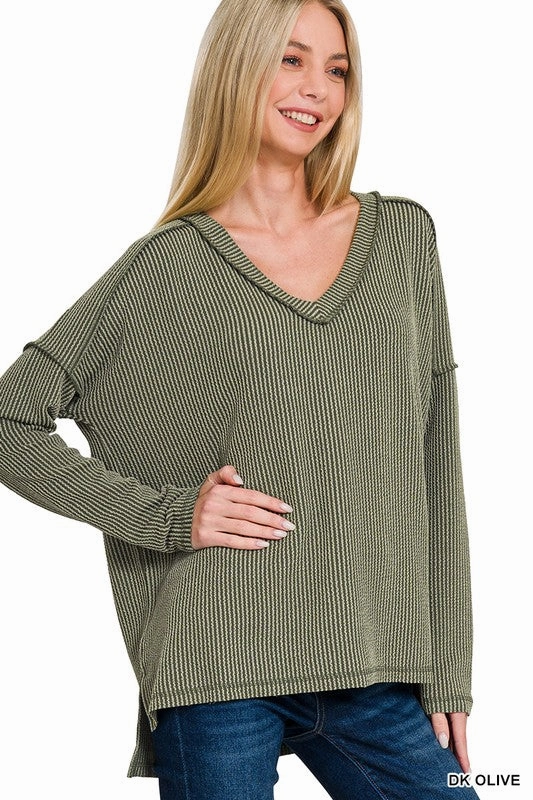 Carly Corded Rib Long Sleeve Hi-low V Neck Top S-XL DroppedShoulder UVProtectionCoating