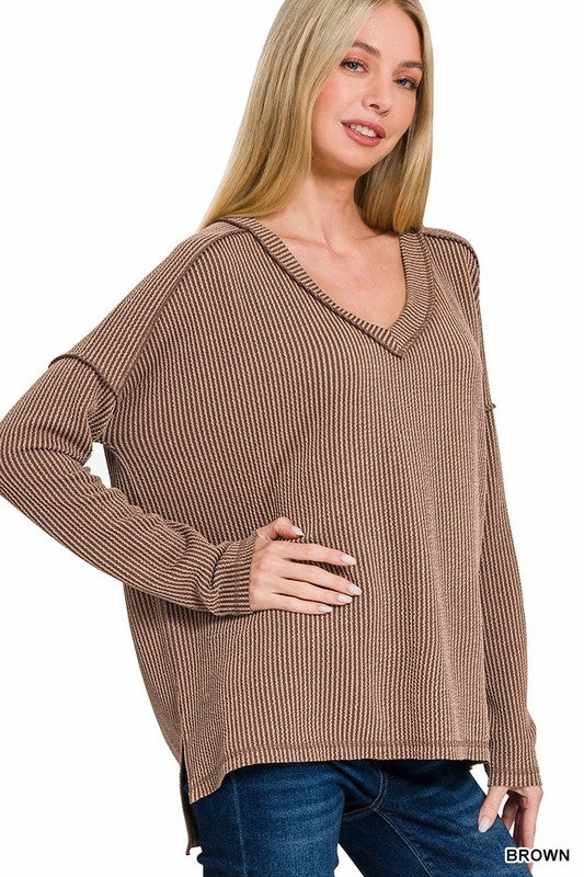 Layered Collar Structure Carly Corded Rib Long Sleeve Hi-low V Neck Top S-XL