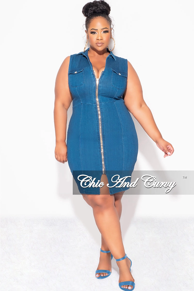Fina Sale Plus Size Sleeveless Collar ZipUp BodyCon Dress with Front Slit in Dark Denim Durable Fabric ElasticWaistband
