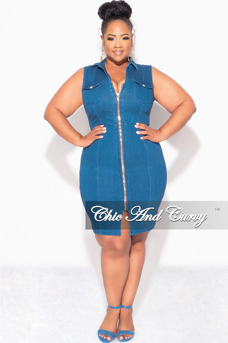 Stretch Comfort Fina Sale Plus Size Sleeveless Collar ZipUp BodyCon Dress with Front Slit in Dark Denim