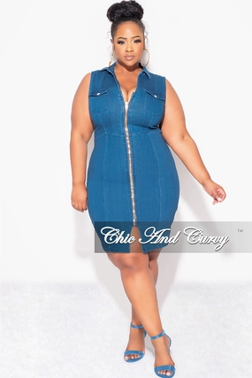 Fina Sale Plus Size Sleeveless Collar ZipUp BodyCon Dress with Front Slit in Dark Denim Durable Fabric ElasticWaistband
