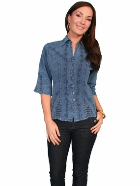 Modern Fit Scully Cantina Womens Dark Blue 100% Cotton 3/4S Floral Vine Blouse