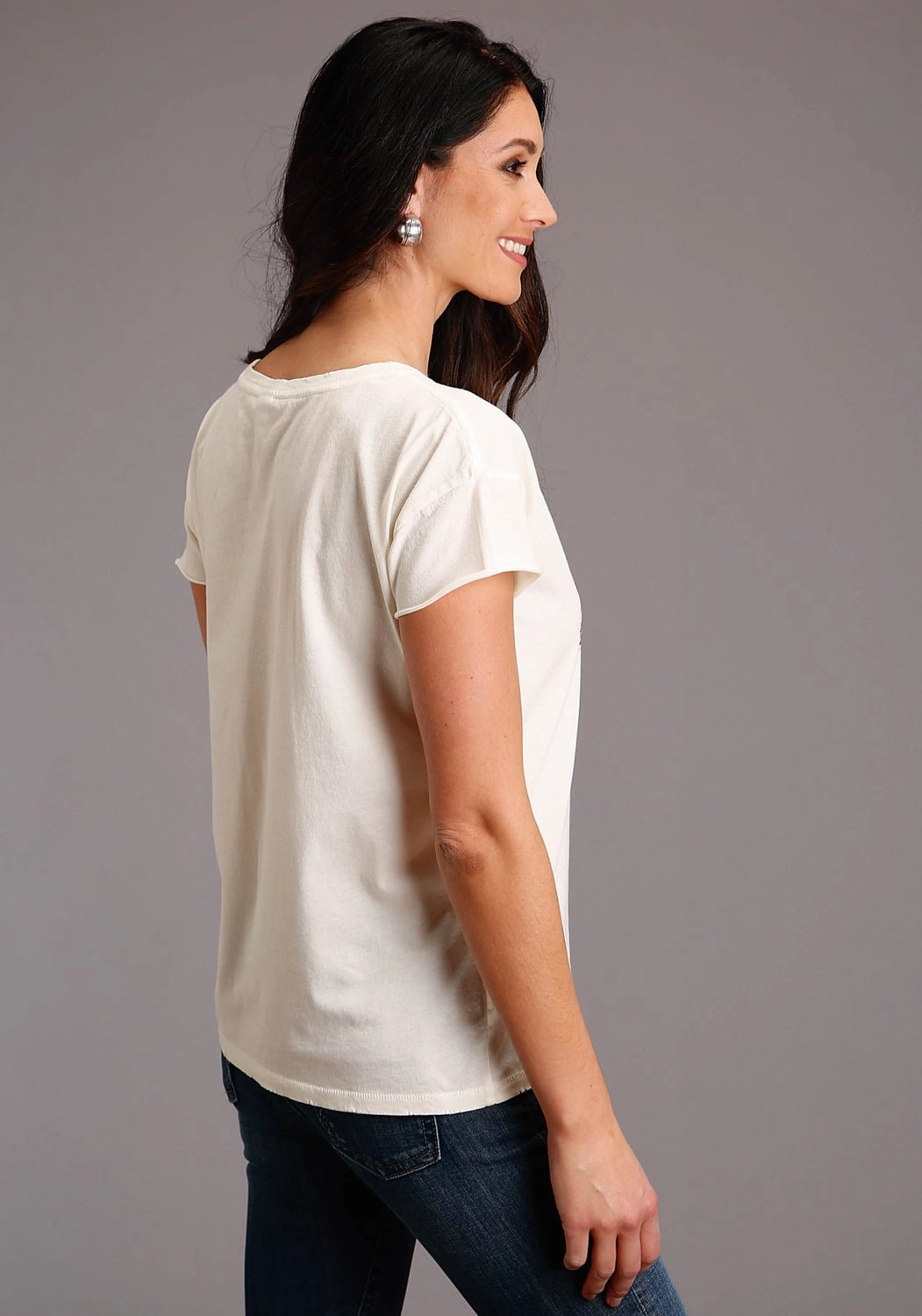 Low Profile Pocket Design Stetson Womens White 100% Cotton Distressed Cowgirl S/S T-Shirt