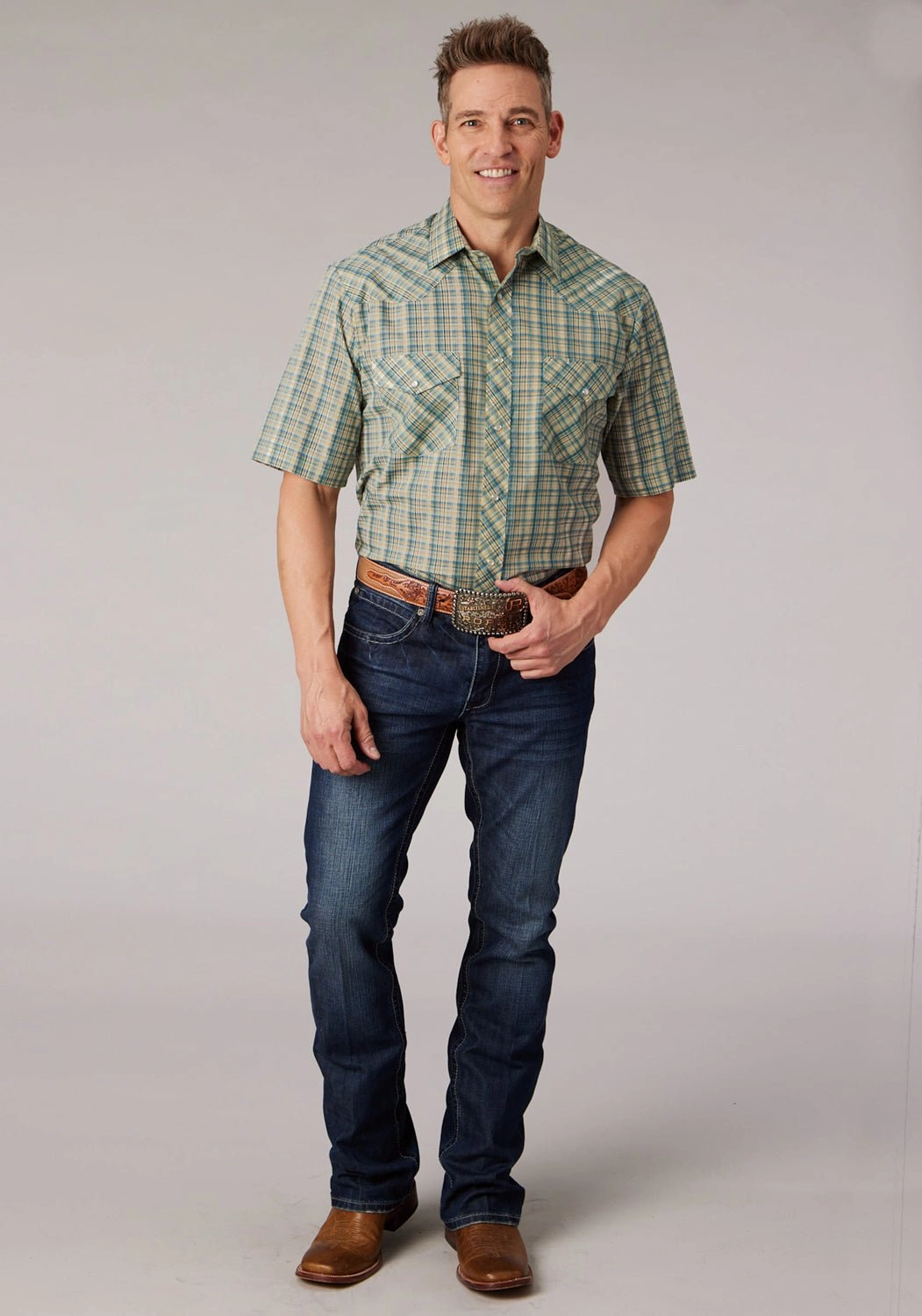 Roper Mens 2075 Plaid White/Cream Cotton Blend S/S Shirt Fitted Shape Camouflage Style