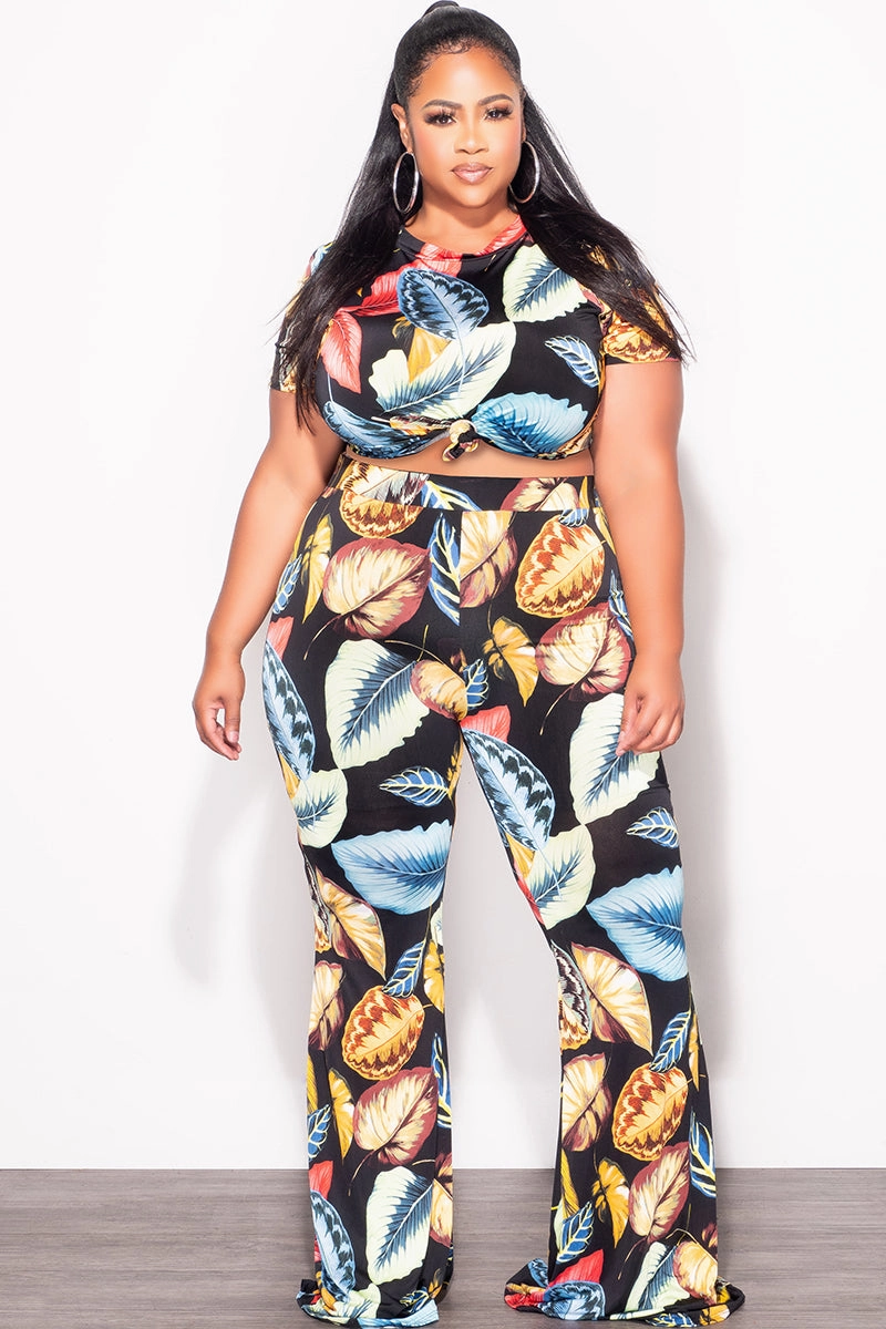 Final Sale Plus Size 2pc (Knotted Top & Palazzo Pants) Set in Black Palm Print Casual Essentials
