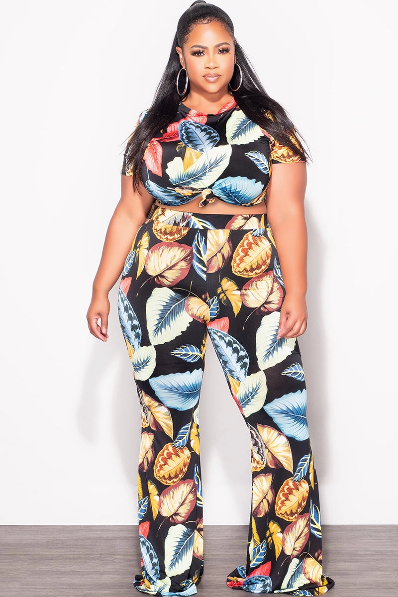 Sporty Layers Bold Waistband Final Sale Plus Size 2pc (Knotted Top & Palazzo Pants) Set in Black Palm Print
