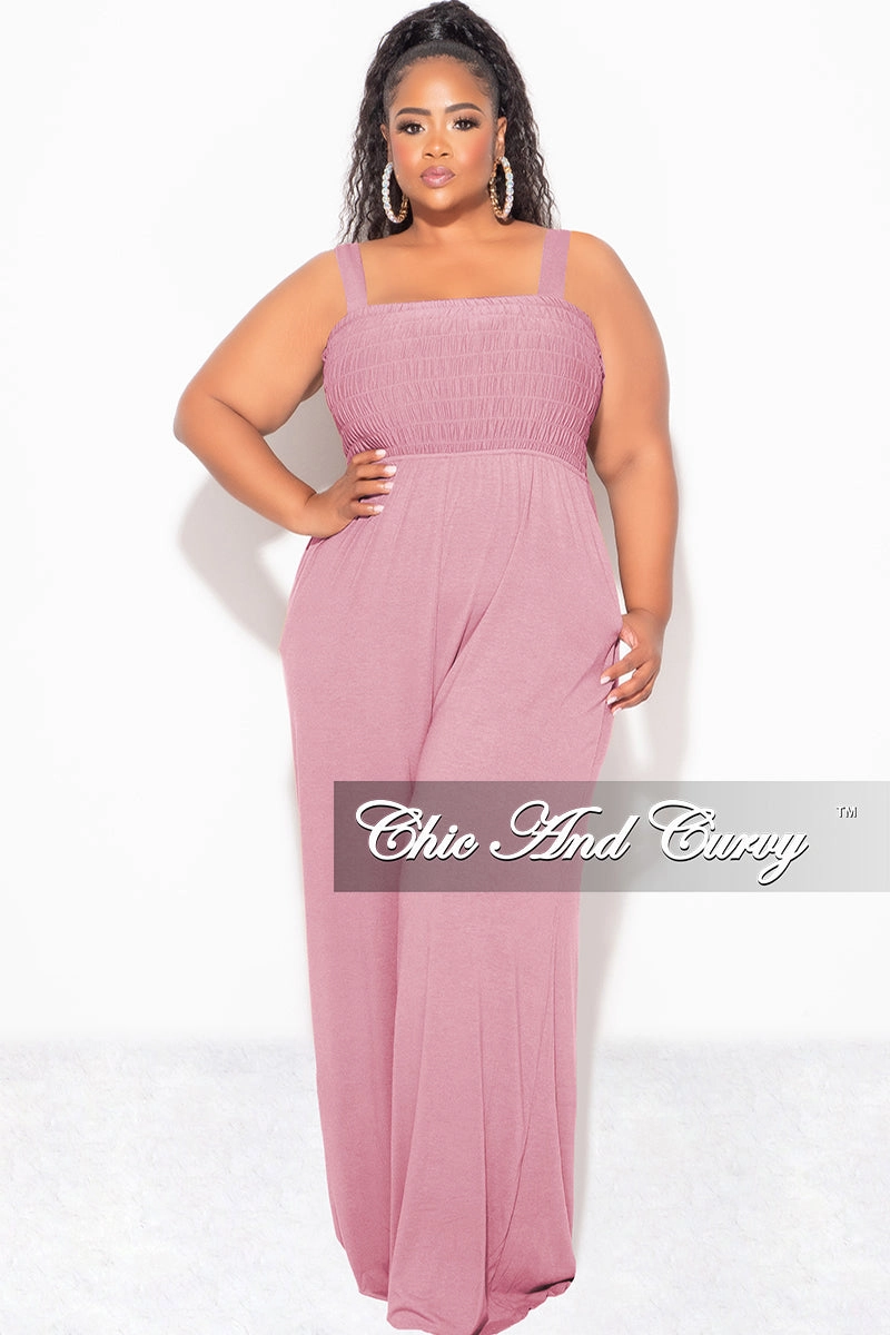 Utility Style Final Sale Plus Size Sleeveless Shirred Jumpsuit in Dusty Rose